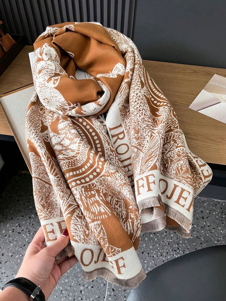 1條女式仿喀什米爾絲蝴蝶植物提花厚實冬季圍巾披肩,適用於日常使用 - 彩色 - 查看 1