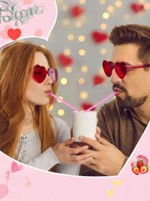 10pcs Pink Reusable Heart Design Straws For Drinking, Individually Wrapped Plastic Straw With Cute Heart Shape, For Valentines Day Cocktail Birthday Party Bridal Shower Wedding Supplies - Pink - View 5