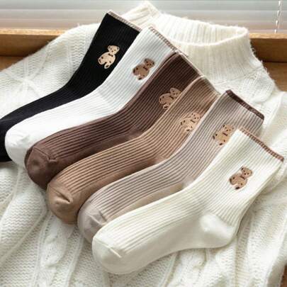6 Pairs Bear Pattern Mid-Calf Socks For Men And Women, Autumn/Winter Season