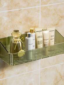 1pc Bathroom Wall Mounted Storage Rack Without Drilling, Green - Green - View 1