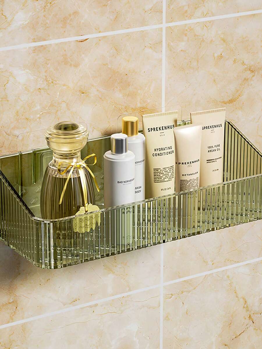 1pc Bathroom Wall Mounted Storage Rack Without Drilling, Green - Green - View 1