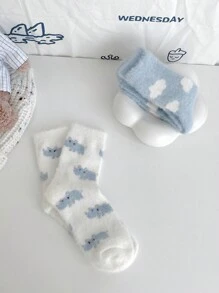 2 Pares Calcetines De Piso De Diseño De Nube Y Hipopótamo De Peluche, Lindos Y Cálidos Calcetines Gruesos Japoneses Para Mujeres En Invierno