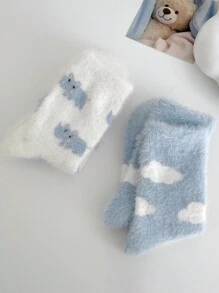 2 Pares Calcetines De Piso De Diseño De Nube Y Hipopótamo De Peluche, Lindos Y Cálidos Calcetines Gruesos Japoneses Para Mujeres En Invierno