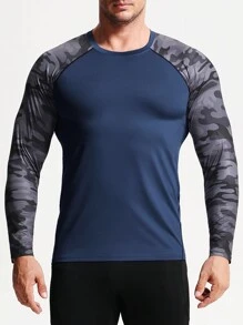 快干男士迷彩運動衫-輕盈透氣長袖緊身t恤,適用於戶外活動、健身、跑步、馬拉松、籃球等。運動男裝 - 藏蓝色 - 查看 1