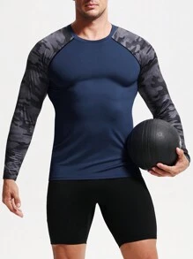 快干男士迷彩運動衫-輕盈透氣長袖緊身t恤,適用於戶外活動、健身、跑步、馬拉松、籃球等。運動男裝 - 藏蓝色 - 查看 9