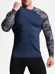快干男士迷彩運動衫-輕盈透氣長袖緊身t恤,適用於戶外活動、健身、跑步、馬拉松、籃球等。運動男裝 - 藏蓝色 - 查看 8