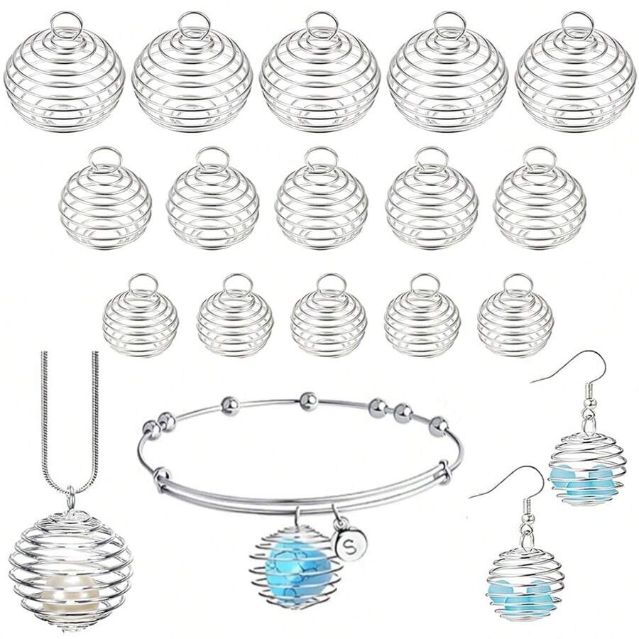 15入組螺旋珠鏈垂飾,水晶寶石擁有者,適用於水晶、珠寶、耳環、項鍊、手鍊和diy珠寶製作的籠子 - 銀色 - 查看 1