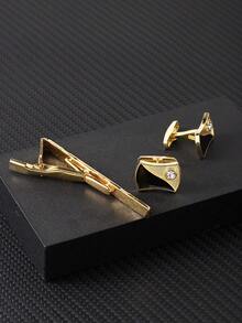 3pcs Men's Tie Clip Cufflinks Set, Rhinestone Gold Cufflinks, Suit Shirt Cufflinks Accessories For Wedding Suit Gift for Men's Accessories - Multicolor - View 2