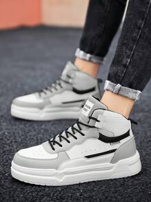Fashionable Popular Men's Leather & Mesh Patchwork Couple Classic Vulcanized Shoes, Comfortable High-Top Sneakers Suitable For Outdoor, Unisex, For Active Jeans Outfit - white ash - View 10
