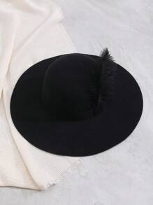 Feather Decor Wide Brim Felt Hat - Black - View 5