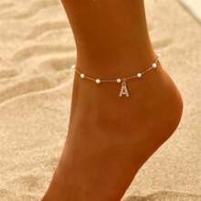 1入鑲嵌鋯石首字母人造珍珠珠鏈腳鏈，適合女性 - 金黃色 - 查看 1