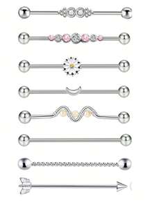 8入組14g不銹鋼工業用耳珠軟骨身體飾品38mm 1&1/2 英寸工業用刺穿條,適用於女士男士蛇鏈垂墜