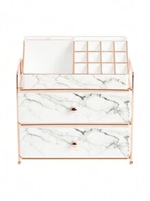 Glamlily White Marble Makeup Organizer With Rose Gold Trim, Cosmetic Storage Drawers For Vanity (9.5 X 9.5 X 5.5 In) - White - View 8