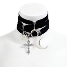 4pcs/set Vintage Style Cross, Crescent Moon, Star Shaped Pendant Choker Necklace For Women's Casual, Party Or Everyday Outfits - Silver - View 2