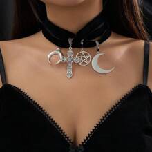 4pcs/set Vintage Style Cross, Crescent Moon, Star Shaped Pendant Choker Necklace For Women's Casual, Party Or Everyday Outfits - Silver - View 1