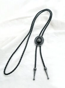 pooting bear 1pc Western Cowboy Style Vintage Black Onyx Bolo Tie, Fashionable Unisex Necktie With Decorative Clasp And Long Chain Street,School - Black - View 3