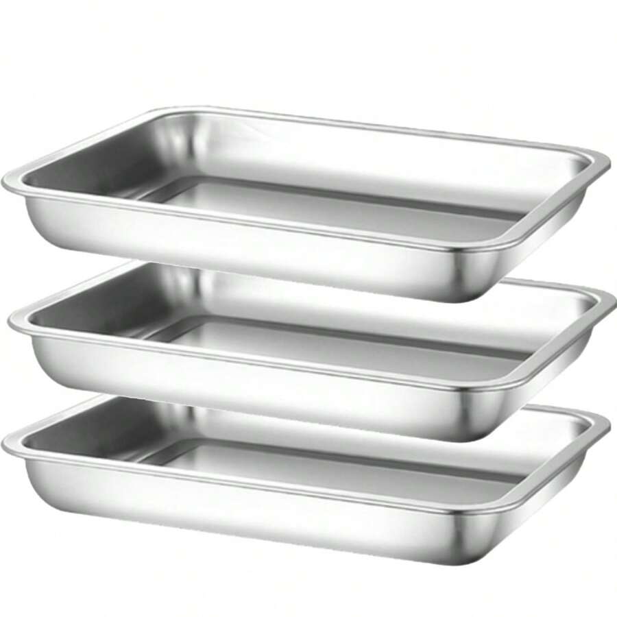 3 Charolas O Insertos De Acero Inoxidable Medida de 32x22x4.8cm Contenedor para mantener caliente la comida en el buffet. También se puede usar para hornear alimentos - Gris - Ver 1