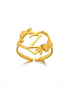 1pc Fashionable Gold Stainless Steel Flower Shaped Open Ring With Letter, Heart For Ladies, Wedding, Jewelry, Valentine'S Day Gift - Gold - View 25