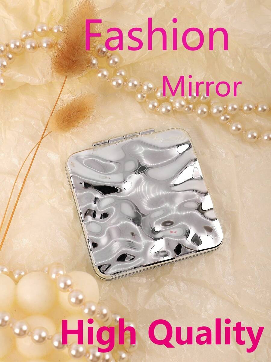 欧式流行 Ins 风格水波纹双面 1x 2x 放大折叠化妆镜 - 方形闪亮银色 - 銀色 - 查看 1
