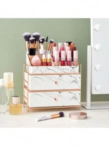 Glamlily White Marble Makeup Organizer With Rose Gold Trim, Cosmetic Storage Drawers For Vanity (9.5 X 9.5 X 5.5 In) - White - View 1