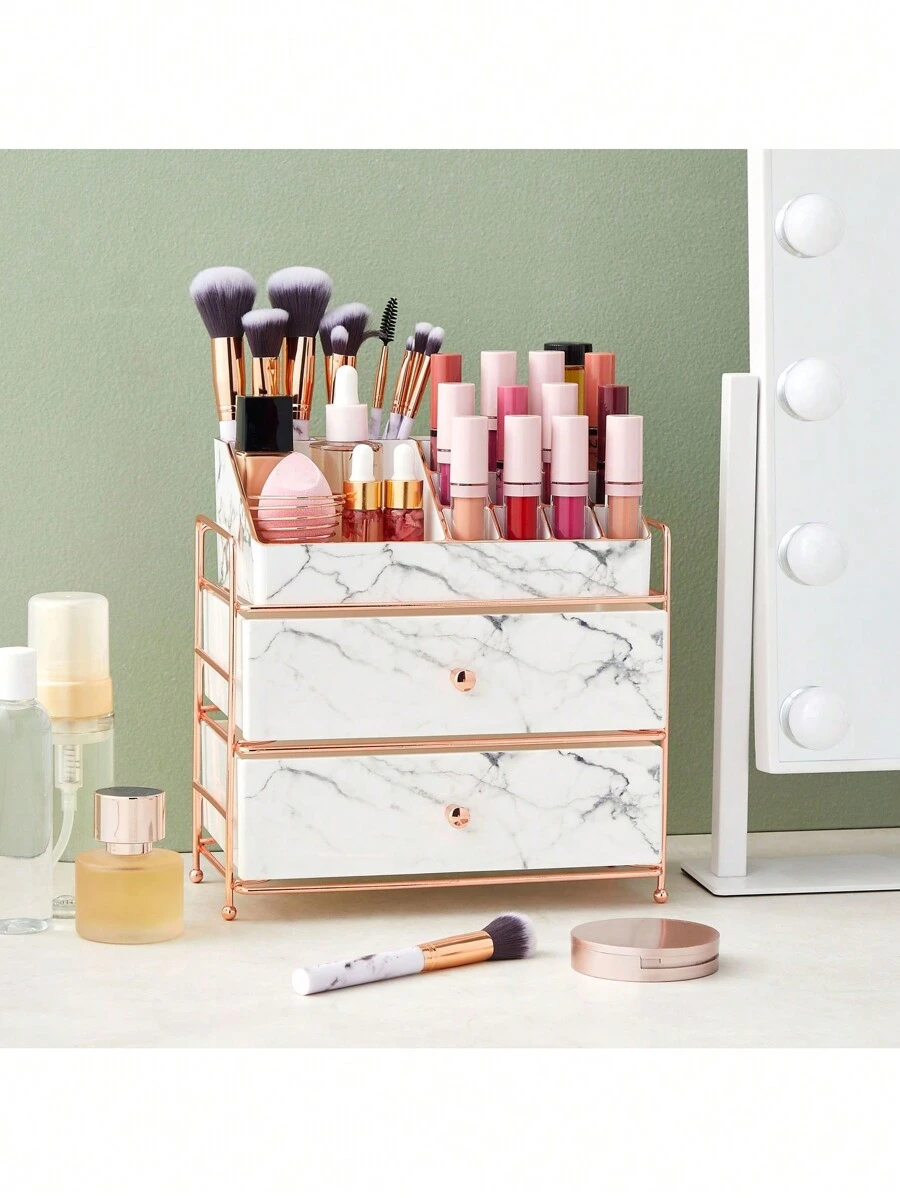 Glamlily White Marble Makeup Organizer With Rose Gold Trim, Cosmetic Storage Drawers For Vanity (9.5 X 9.5 X 5.5 In) - White - View 1
