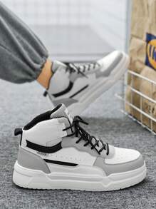 Fashionable Popular Men's Leather & Mesh Patchwork Couple Classic Vulcanized Shoes, Comfortable High-Top Sneakers Suitable For Outdoor, Unisex, For Active Jeans Outfit - white ash - View 9
