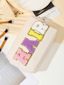 毛髮字母軟毛布拼布pu化妝袋化妝包,防水拉鍊護膚用品化妝品旅行整理包,適用於女性少女