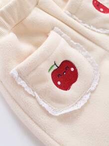 1pc Toddler Girls' Cute Red Apple Printed Fleece Joggers With Elastic Cuffs For Fall/Winter - Apricot - View 6