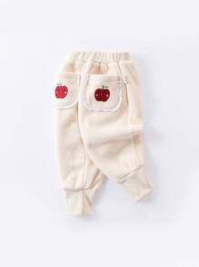 1pc Toddler Girls' Cute Red Apple Printed Fleece Joggers With Elastic Cuffs For Fall/Winter - Apricot - View 3
