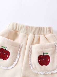 1pc Toddler Girls' Cute Red Apple Printed Fleece Joggers With Elastic Cuffs For Fall/Winter - Apricot - View 4