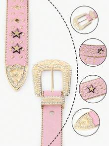 1 Miếng Cao Bồi Miền Tây Phong cách Pha lê & Ngôi sao & Đinh tán Trang trí Thắt lưng Với Gấp ba Khóa Và Tua - Hồng - Xem 3