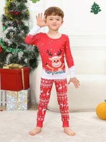 2pcs/Set Young Boy Christmas Family Matching Pajamas, Cute Reindeer & Snowflake Print Long Sleeve Top And Pants, Holiday Comfortable Tight-Fitting Sleepwear Suit - Red - View 2