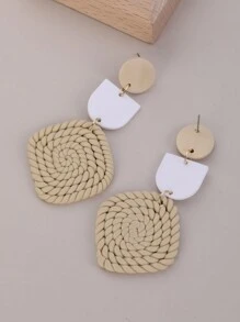 1對原創ins風格時尚手織半圓形半圓形淺卡其色柔軟粘土和白色長耳環,適用於度假和送禮 - 卡其色 - 查看 5