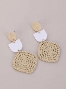 1對原創ins風格時尚手織半圓形半圓形淺卡其色柔軟粘土和白色長耳環,適用於度假和送禮 - 卡其色 - 查看 2