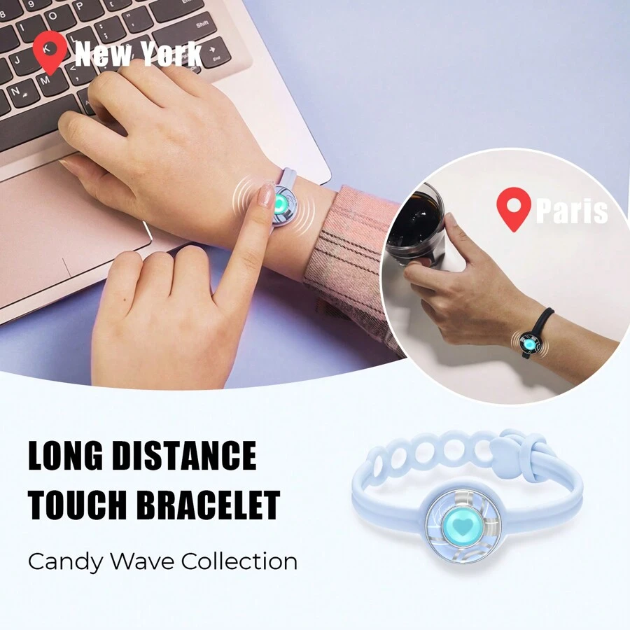 Totwoo Candy Wave Collection-Long Distance Touch Single Bracelet(Work In Pairs)-Colorful Band Bracelet, Vibration & Light Up For Love Couples Bracelet | Long Distance Relationship Gifts For Girlfriend Bluetooth Pairing Jewelry- Stay Connected Anytime, Anywhere - 淺藍色 - 查看 1