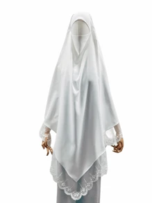 1pc Ladies' Long Lace Trimmed Hijab Scarf With Large Head Coverage - Madinah Style - White - View 2