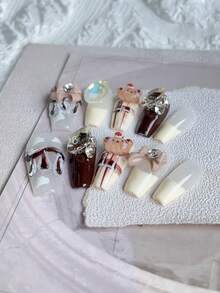 Melody Bear 10入組短款美甲套裝,奶油白色法式手繪格子紋3d小熊棕色鑽石裝飾,適用於派對、跳舞、日常佩戴 - 彩色 - 查看 3