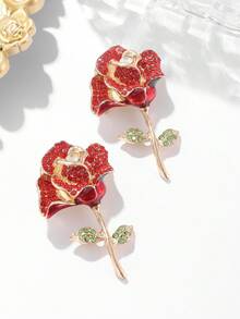 1pc New Style Alloy & Rhinestone Decor Red Rose Brooch For Women, Suitable For Daily Wear/ Business Banquet Suits Decoration - Multicolor - View 2