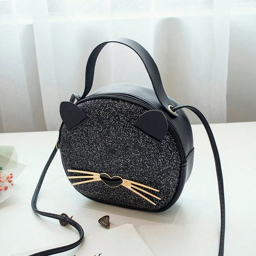 1pc Girls' New Leopard Print Bag, PU Leather Cat Phone Pouch, Cute & Fashionable Small Round Bag, Great Gift - Black - View 1