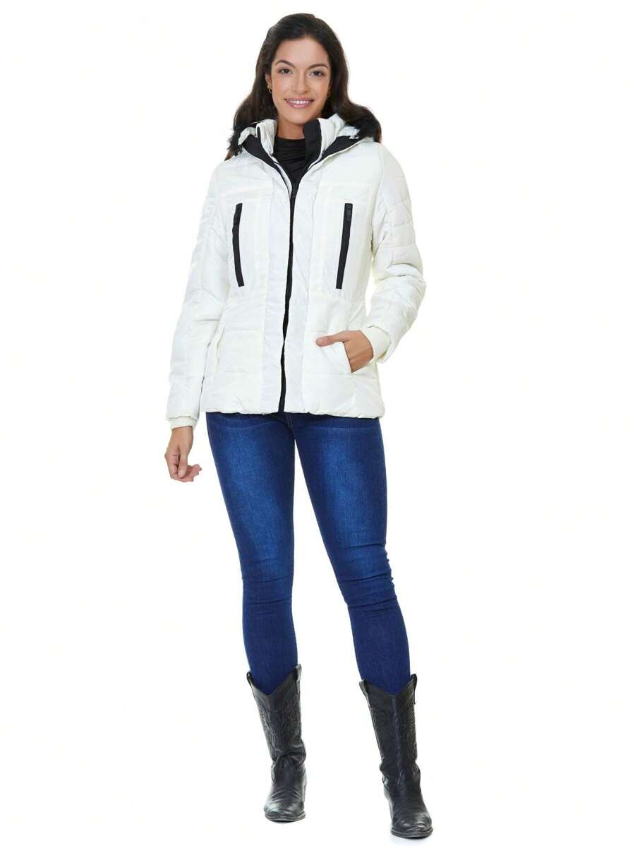 Chamarra blanca estilo cazadora calientita acolchada para mujer bonita casual y elegante LJ17-128 - Blanco - Ver 1