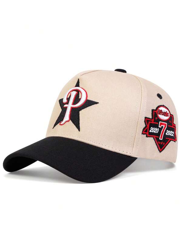 1pc Men's Fashionable Adjustable Sun Protection Baseball Cap With Pentagram And Letter "P" Embroidery. Perfect For Spring And Autumn Traveling, Beach Or Party. Street