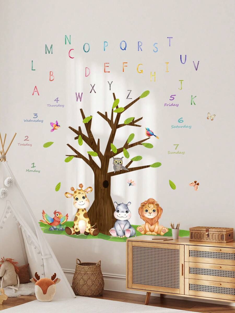 2 件/套兒童房間裝飾卡通動物、樹木和字母牆貼花 - 彩色 - 查看 1
