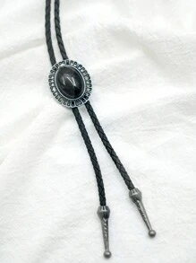 pooting bear 1pc Western Cowboy Style Vintage Black Onyx Bolo Tie, Fashionable Unisex Necktie With Decorative Clasp And Long Chain Street,School - Black - View 5