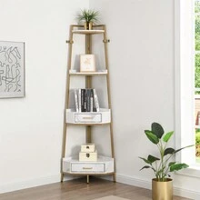 Corner Shelf with Two Drawers 72.64'' Tall, 4-tier Industrial Bookcase, Gold - 金色 - 查看 4
