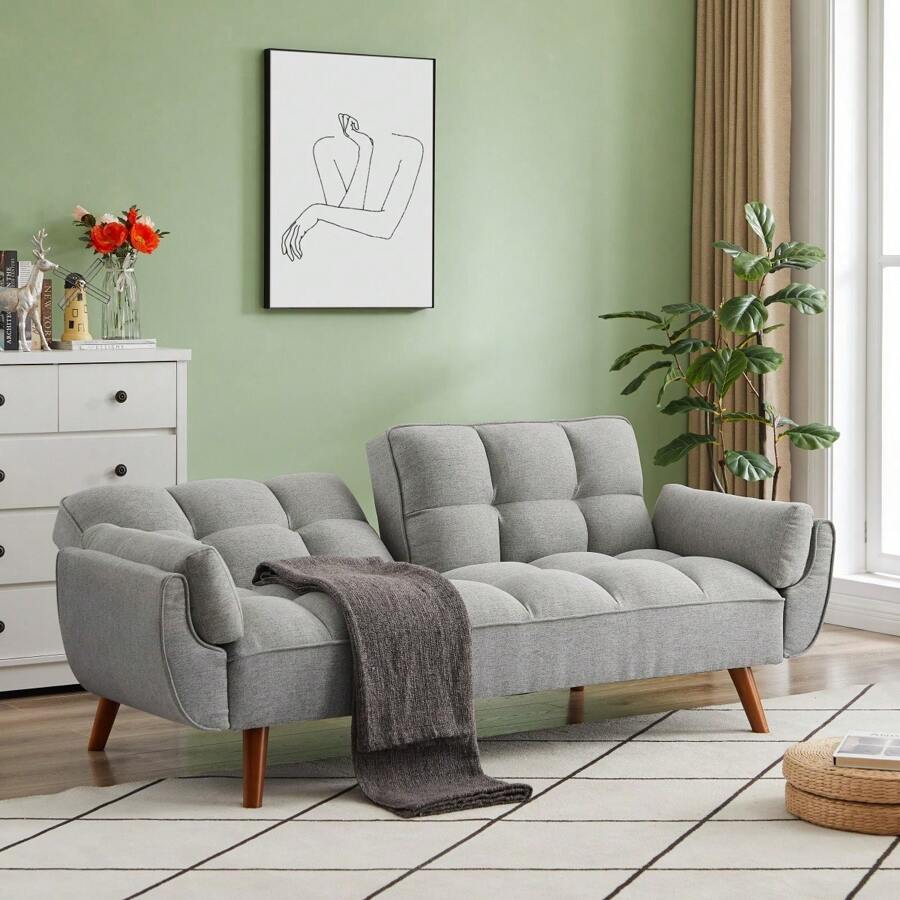 Sofa Bed with Wood Base, Modern Convertible Futon Sleeper Couch Daybed with Adjustable Backrest for Studio, Apartment, Office, Small Space, Compact Living Room Recliners - Grey - View 1