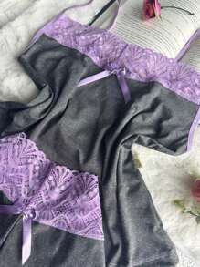 女式荷葉邊花邊混紡睡衣套裝 Lorena - 紫丁香色 - 查看 2