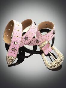 1 Miếng Cao Bồi Miền Tây Phong cách Pha lê & Ngôi sao & Đinh tán Trang trí Thắt lưng Với Gấp ba Khóa Và Tua - Hồng - Xem 2