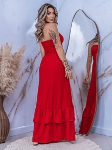 多功能長裙2合1無肩帶和單肩設計,帶有鬆緊帶,有多種顏色可選 - 紅色 - 查看 2