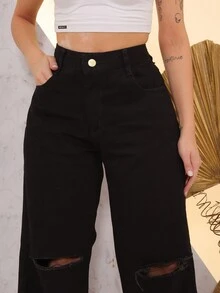 Women's Wide Leg Jeans With Ripped Knees - Black - View 4