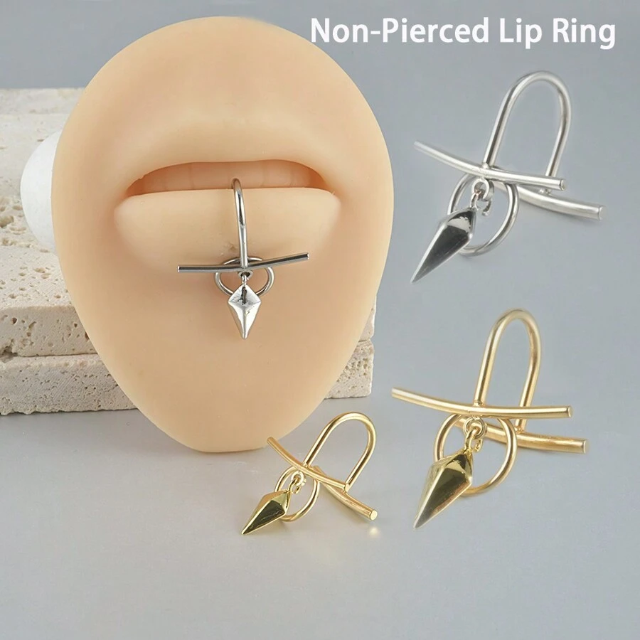 1只不用穿孔的u型不鏽鋼假唇環,鑽石和圓形吊墜裝飾,適用於女性 - 金黃色 - 查看 1